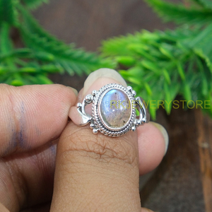 Bague en argent sterling 925 avec labradorite bleue naturelle, faite à la main, style bohème vintage, cabochon rond, pierre précieuse, pour femme - Product Image 4