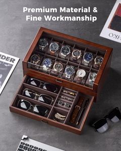 12-Slot Watch <b>Box</b> Watch Display Case with <b>Large</b> Glass Lid Removable Pillows Velvet Lining <b>Gift</b> Idea - Product Image 5