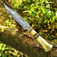 Couteau artisanal en acier Damas sur mesure, 15 pouces, manche en os avec embout en laiton, pour la chasse, le camping et les activités de plein air, lame fixe