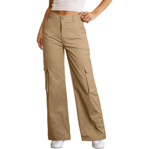 Pantalon cargo ample gris argenté contemporain à jambe large, taille haute, en sergé de coton, finition douce, mouvement facile, multi-poches, pour femme - Product Image 4