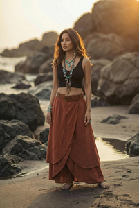 Jupe longue maxi vintage bohème pour femme en coton gaze biologique, à volants, ample et fluide, style prairie, pour festival - Product Image 3