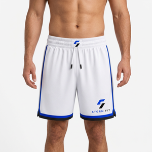 Shorts de sport Storm Fit pour homme, blanc et bleu, respirants, à taille élastique, en toile 100 % polyester, imprimés par transfert thermique, à séchage rapide - Product Image 1