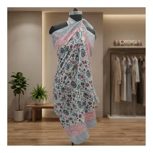 Blue Pink Floral Hand Block Printed Cotton <b>Sarong</b> Scarf with Chevron Border Lightweight Beach Wrap Stole for Women - Product Image 6