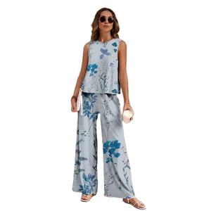 Ropa de calle informal de verano 2025 para mujer, Floral camiseta sin mangas con estampado de alta calidad, conjunto de pantalones largos, teñido liso para mujer de oficina - Product Image 1