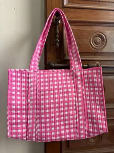 Bolso Tote de Hombro de Moda para Mujer, Azul a Rayas, Acolchado, de Algodón, con Estampado Preppy, Ligero, de 18 Pulgadas, con Cierre de Cremallera y Bolsillos Interiores, para Verano - Product Image 3