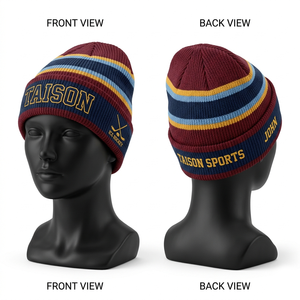 Bonnet de hockey sur glace en tricot acrylique premium 300 GSM, motif rayé vert et bordeaux, logo personnalisé brodé - Product Image 3