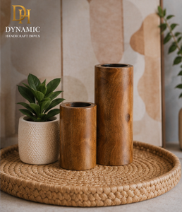 Rustic Wooden <b>Candle</b> Stand <b>Set</b> of 2 Natural Wood Cylindrical Votive Holders 3 and 6 Inch Home Decoration - Product Image 2