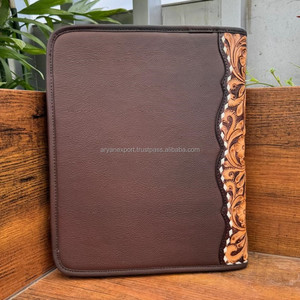 Manufacture <b>A4</b> Boot Stitch Hand Tooled Suede Leather Zippered Business Portfolio Conference File Folders Covers Agenda Organizer - Product Image 5