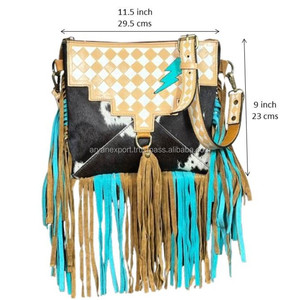 Bolso de mano de cuero con flecos y diseño a cuadros de vaca, hecho a mano, para mujer, estilo cremallera, diseño Turquoise Thunderstorm Lightning, precio bajo - Product Image 2