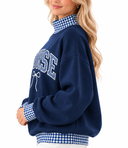 Wholesale Women’s Oversized <b>Mock</b> Neck Sweatshirt Custom Gingham Letters Ribbing Cotton Winter Casual Pullover - Product Image 2