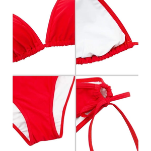 Conjunto de Bikini Rojo de Dos Piezas para Mujer, Top Halter Cruzado, Braguita con Lazos Laterales, Ribete en Contraste, Traje de Baño de Spandex y Poliéster - Product Image 5