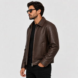 Custom <b>Men's</b> Premium <b>Brown</b> Genuine <b>Leather</b> Zip Front Bomber <b>Jacket</b> - Product Image 4