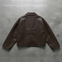 Veste en cuir PU marron pour homme, fermeture éclair, col rabattu, coupe courte, style décontracté, pour l'automne