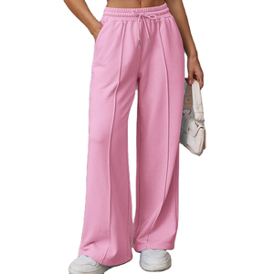Pantalon de survêtement rose pour femme, coupe large, taille haute, en coton élastique, décontracté, longueur intégrale, avec poches - Product Image 2