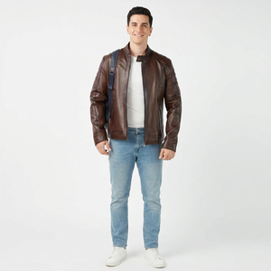Handmade Professional Brown Leather <b>Jacket</b> High Street Style with Stand Collar Premium Quality Breathable <b>jacket</b> <b>for</b> <b>men</b> - Product Image 1