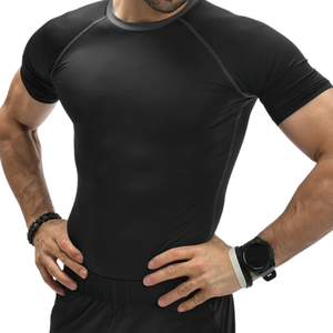 T-shirt de compression gris personnalisé pour homme, ultra-ajusté, effet seconde peau, séchage rapide, 75 % polyester, 25 % élasthanne, haut de sport pour entraînement en salle de sport, OEM - Product Image 3