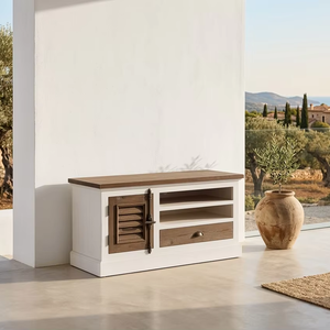 Meuble TV Luna Premium en teck massif écologique et durable, style scandinave moderne, finition naturelle, console TV pour salon - Product Image 1