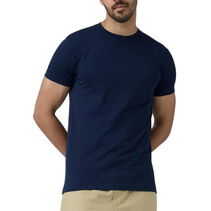 Camiseta de Algodón Teñido Liso Azul Marino para Hombre, Manga Corta, Cuello Redondo, Corte Regular, Color Sólido, Tejido Jersey Informal - Product Image 1
