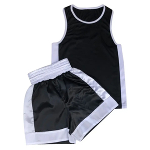 Conjunto de Uniforme de Boxeo Unisex Negro con Ribete Blanco, Top sin Mangas y Pantalones Cortos de Poliéster Transpirable para Adultos, Entrenamiento y Combate - Product Image 1