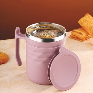 Premium stainless steel insulated coffee mug with textured geometric design <b>reusable</b> travel tea <b>cup</b> with handle lid - Product Image 6