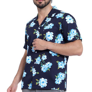 Camisa Casual de Manga Corta con Estampado Floral para Hombre, Azul Marino, Cuello Clásico, 100% Algodón Popelina, Transpirable, para Verano, Playa, Estilo Hawaiano - Product Image 4