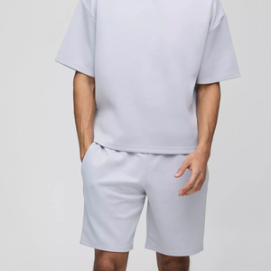Men's Light Gray Cotton T-Shirt and Shorts Set Crew Neck Solid Color Casual Summer Wear with Logo Print - Product Image 2