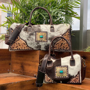 Wholesale Large Capacity New Styles 2 Piece Set Tooled Genuine Cowhide Leather <b>Small</b> & Large Duffel Travel <b>Bag</b> for <b>Men</b> & Women - Product Image 4