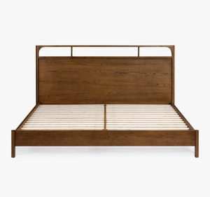 Cadre de lit moderne minimaliste en teck massif avec tête de lit à lignes horizontales, sommier à lattes, profil bas, chambre à coucher contemporaine - Product Image 3