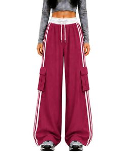 Pantalones Deportivos de Mujer Talla Grande Color Rosa Fucsia, Cintura Media, Pierna Recta, con Cordón, Estilo Casual, Holgados, con Bolsillos - Product Image 1