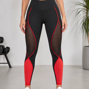 High Waist Color Blocked <b>Leggings</b> Full Length Stretch Knitted Sporty Women's Fitness Pants Black Orange Seamless Yoga Wear - Product Image 1