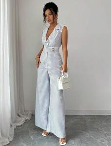 Combinaison à rayures sans manches pour femmes, à jambes larges, avec col à revers - Product Image 5