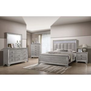 Queen Size Tufted <b>Headboard</b> <b>Panel</b> Bed 1pc Integrated LED Lighting Wood Grain Finish Soft Gray Solid Wood Furniture - Product Image 5