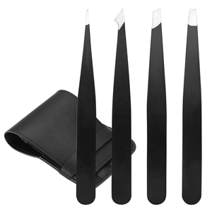 4PCS Black Coated Eyebrow Tweezers Set Pointed Square Slant Angled Tip <b>Makeup</b> <b>Tools</b> with PU Leather Pouch OEM - Product Image 1