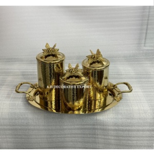 <b>Set</b> of 3 Hammered Metal Jars on Serving Tray with Decorative Gold Butterfly Lids Luxury <b>Tea</b> <b>Coffee</b> and <b>Sugar</b> Container <b>Set</b> - Product Image 4