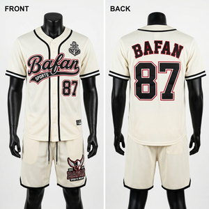 Conjunto de camiseta y pantalones cortos de béisbol de poliéster beige con rayas negras, logotipo bordado en sarga, uniforme personalizado con logotipo del equipo para hombre. - Product Image 5