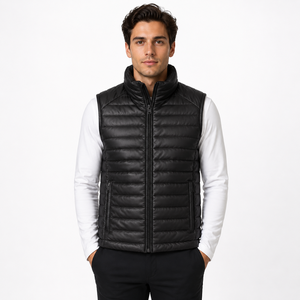 Gilet matelassé sans manches en similicuir noir pour homme, col montant, chaud et rembourré pour l'hiver – Vente en gros personnalisée - Product Image 1