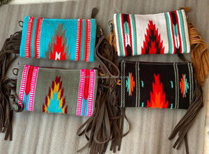 New Arrival Aztec Saddle <b>Blanket</b> Leather Handbag Hand Tooled Leather Fringe Sling Handbag Western Style Crossbody Handbag - Product Image 5
