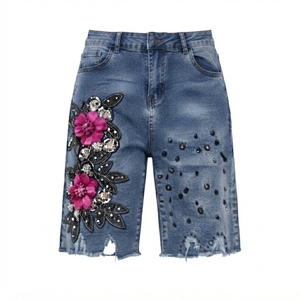 High Waist Denim <b>Shorts</b> With Floral <b>Sequin</b> Embroidery Distressed Hem Bohemian Style Breathable Summer Women's <b>Shorts</b> - Product Image 5