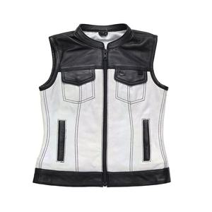 Gilet en cuir véritable pour homme, style motard, col montant, color-block, longueur standard, vêtement d'extérieur pour l'automne, vente en gros - Product Image 2