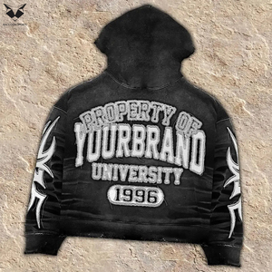 Sudadera con capucha vintage desgastada con efecto ácido y pantalones cortos personalizados OEM, conjunto de sudadera con capucha con cremallera completa y pantalones cortos con estampado en relieve para hombre - Product Image 3