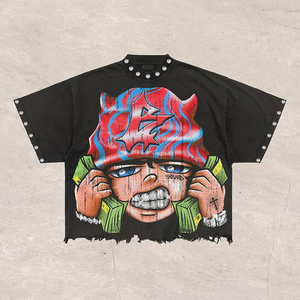 Conjunto de dos piezas para hombre: Camiseta y pantalones cortos con estampado de grafiti personalizado, lavado ácido, estilo casual, desgastado y de gran tamaño. - Product Image 6