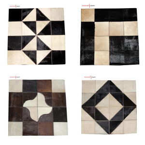 New Arrival Aesthetic Cowhide Geometric Pattern Leather <b>Cushion</b> Covers Handmade Cotton Indoor Rug Set with Natural Fur Feel - Product Image 4
