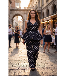 Elegante Conjunto Coordinado de Verano para Mujer con Estampado de Puntos Negros, Top y Pantalón de Crepé Ligero y Fluido, Proveedor - Product Image 1