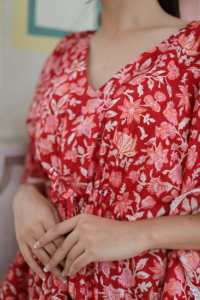 Vestido Largo Informal Bohemio para Mujer, Estampado Floral, Transpirable, Rojo, para San Valentín, 100% Algodón, ODM - Product Image 3