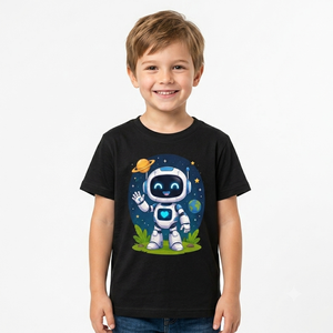 T-shirt en coton à manches courtes pour homme, imprimé dessin animé robot mignon, col rond, coupe classique, style décontracté, logo imprimé numérique sur le devant - Product Image 2