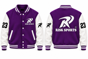 Chaqueta Varsity Unisex de Lana Mezclada, Color Morado y Blanco, Cuello Alto, Cierre de Botones, Ropa Deportiva para Equipos - Product Image 5