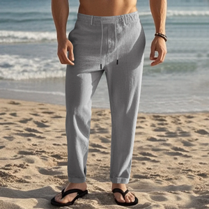 กางเกงลำลองผู้ชายสไตล์อเมริกันแบบมีเชือกผูก รุ่นใหม่ปี 2025 ดีไซน์เรียบง่ายทันสมัย สีพื้น ทรงตรง ผ้าลินิน เหมาะสำหรับใส่ไปชายหาด - Product Image 3