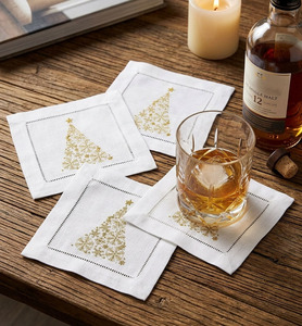 Vente en gros 100% lin sapin de Noël or flocons de neige brodés serviettes de cocktail 6x6 'serviette de boisson pour les mariages maison hôtel - Product Image 1