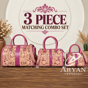 Custom Hand Tooled Floral Genuine Leather Matching 3 Piece Luggage Set Vintage Travel Duffel <b>Crossbody</b> Best Selling <b>Bag</b> - Product Image 1