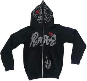 Sudadera con capucha y cremallera completa de moda gótica con esqueleto de diamantes de imitación para hombre y mujer, con logotipo personalizable, estilo acid wash - Product Image 6